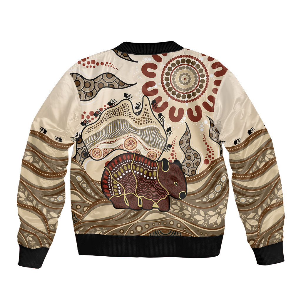 Australia Wombat Sleeve Zip Bomber Jacket Aussie Map Aboriginal Pattern