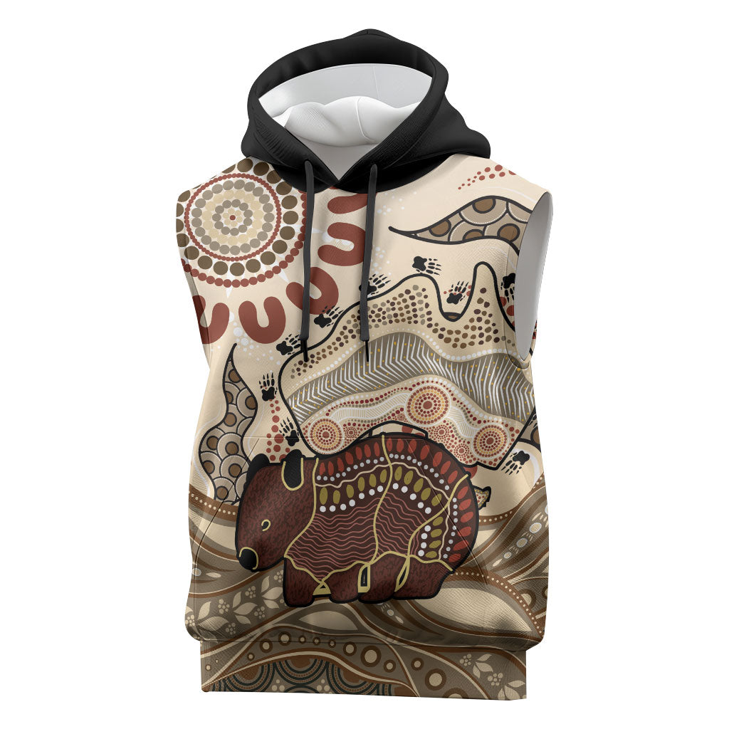 Australia Wombat Sleeveless Hoodie Aussie Map Aboriginal Pattern