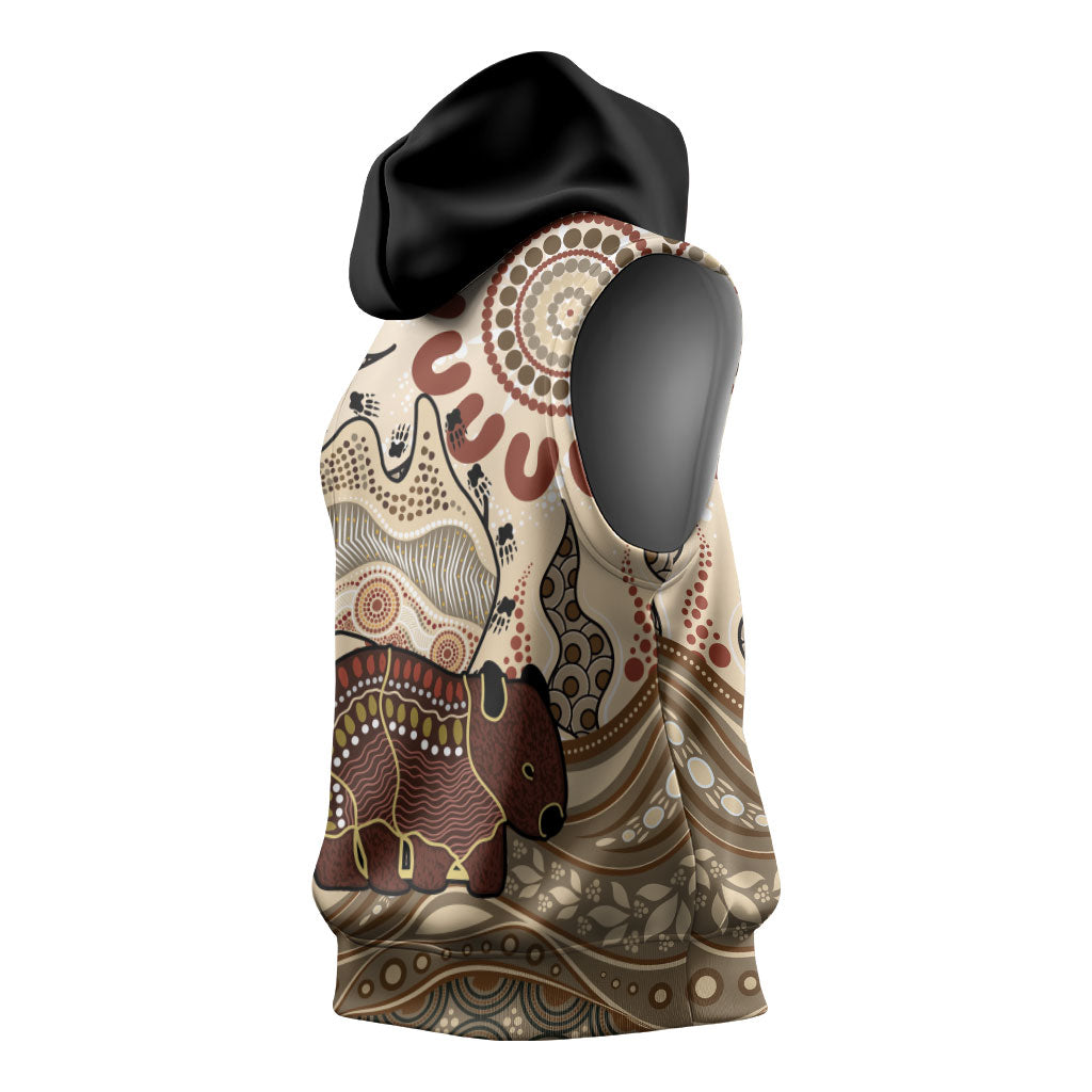 Australia Wombat Sleeveless Hoodie Aussie Map Aboriginal Pattern