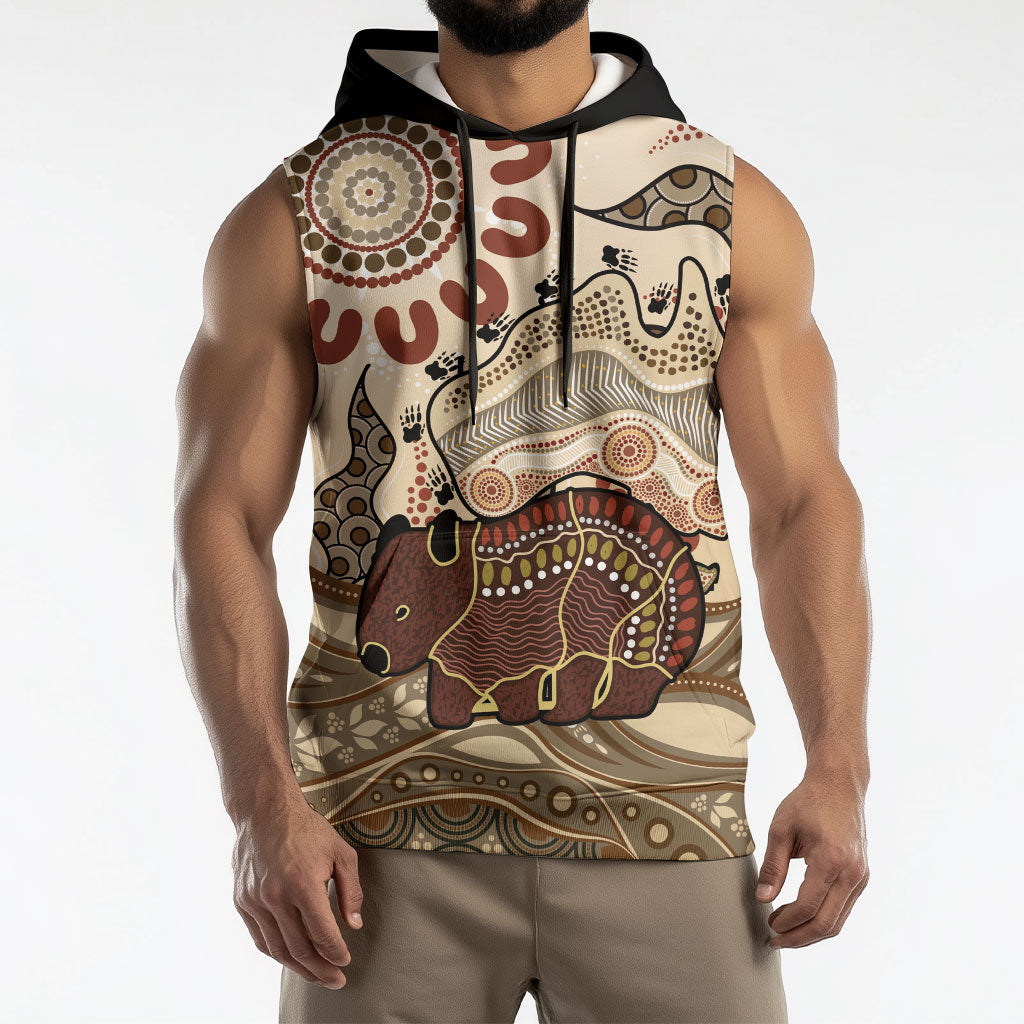 Australia Wombat Sleeveless Hoodie Aussie Map Aboriginal Pattern