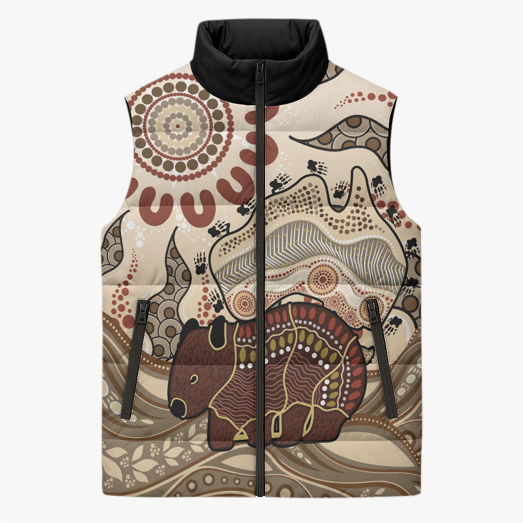 Australia Wombat Sleeveless Puffer Jacket Aussie Map Aboriginal Pattern
