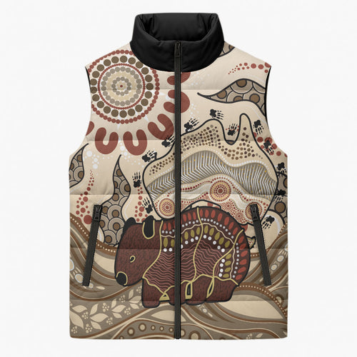 Australia Wombat Sleeveless Puffer Jacket Aussie Map Aboriginal Pattern