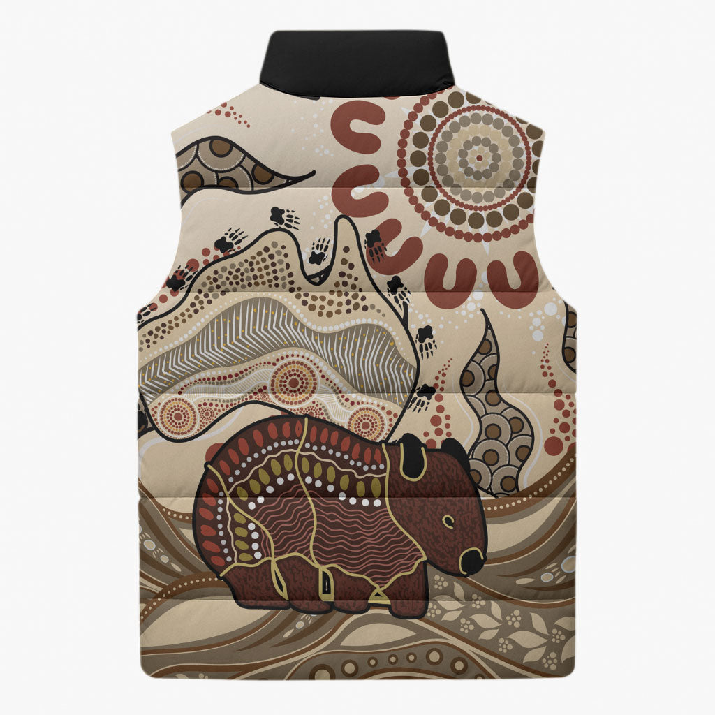 Australia Wombat Sleeveless Puffer Jacket Aussie Map Aboriginal Pattern
