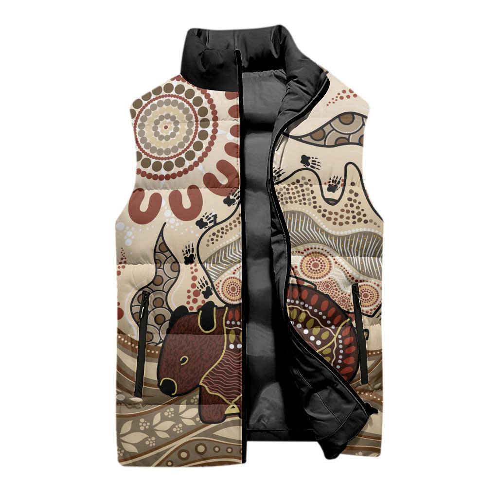 Australia Wombat Sleeveless Puffer Jacket Aussie Map Aboriginal Pattern