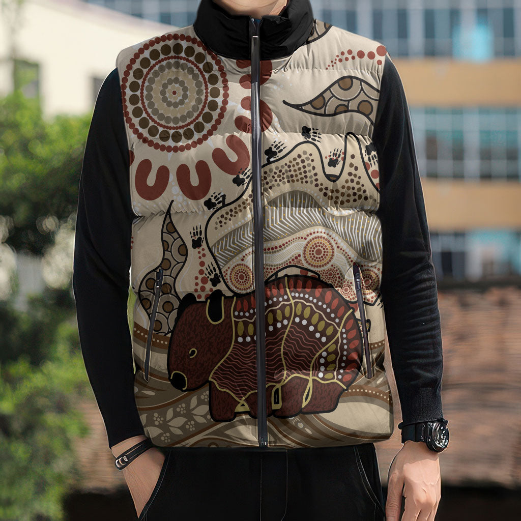 Australia Wombat Sleeveless Puffer Jacket Aussie Map Aboriginal Pattern