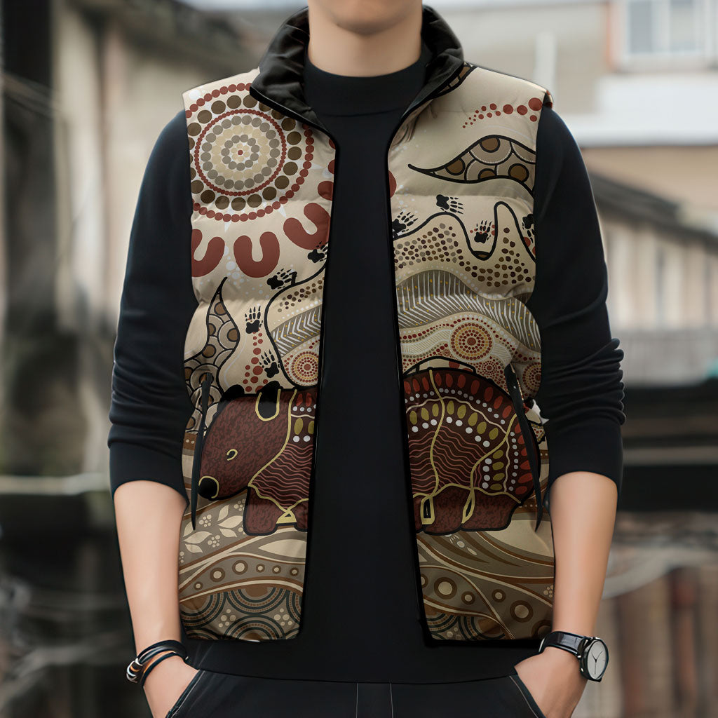 Australia Wombat Sleeveless Puffer Jacket Aussie Map Aboriginal Pattern