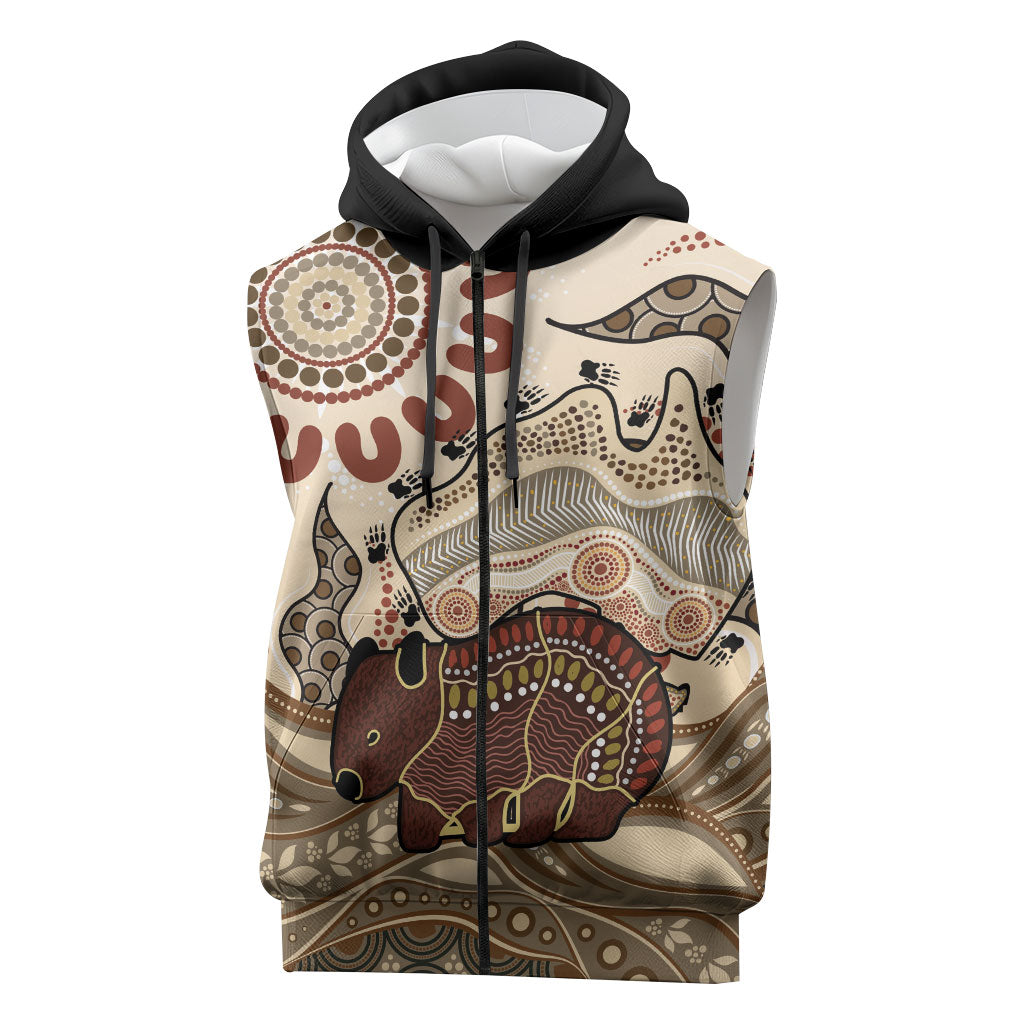 Australia Wombat Sleeveless Zip Hoodie Aussie Map Aboriginal Pattern