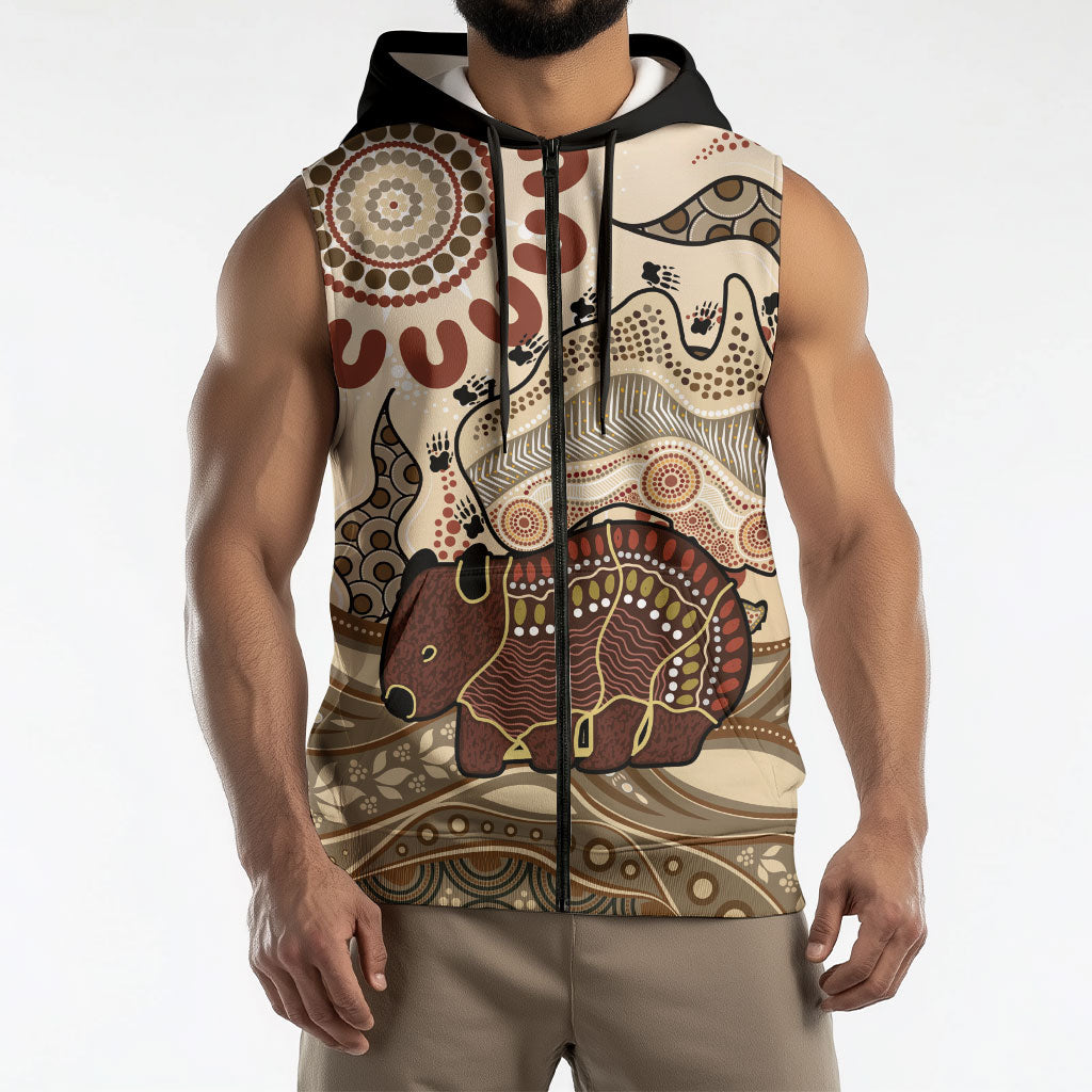 Australia Wombat Sleeveless Zip Hoodie Aussie Map Aboriginal Pattern