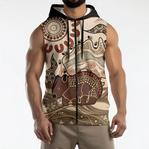 Australia Wombat Sleeveless Zip Hoodie Aussie Map Aboriginal Pattern