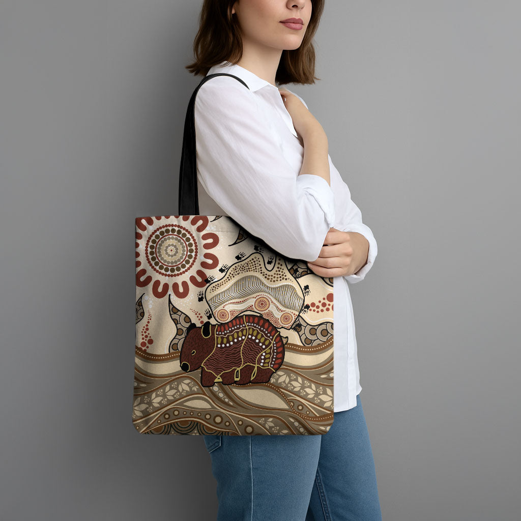 Australia Wombat Tote Bag Aussie Map Aboriginal Pattern