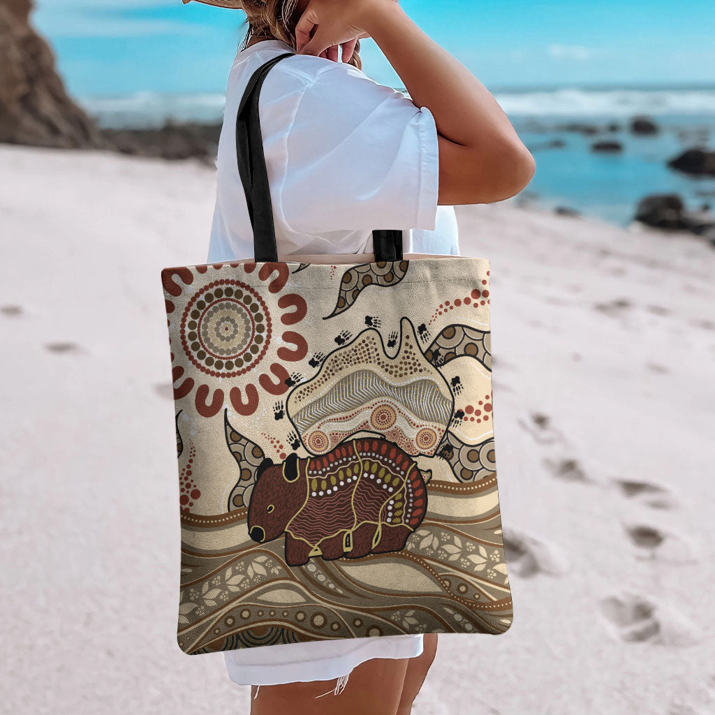 Australia Wombat Tote Bag Aussie Map Aboriginal Pattern