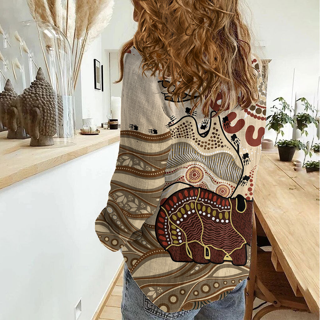 Australia Wombat Women Casual Shirt Aussie Map Aboriginal Pattern