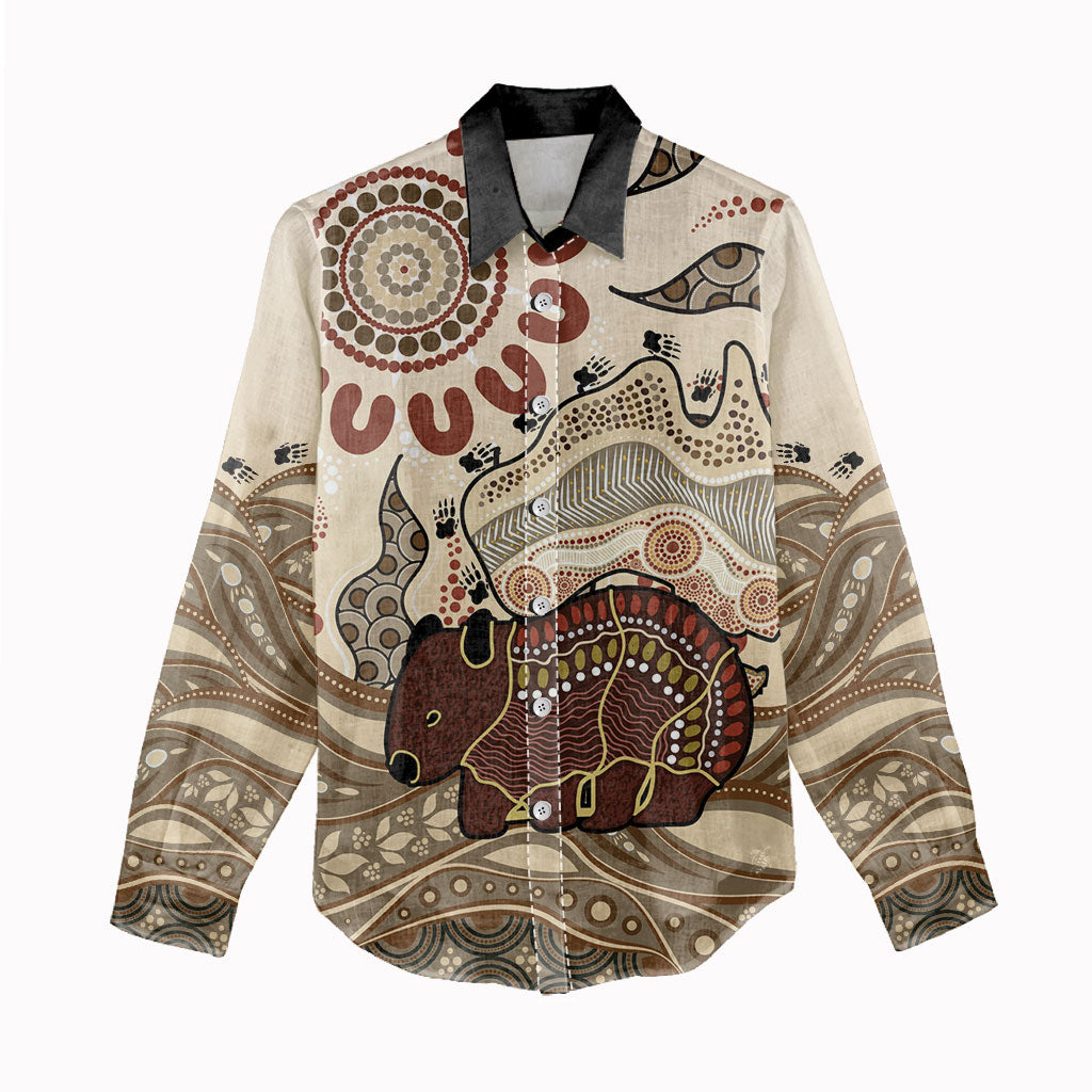 Australia Wombat Women Casual Shirt Aussie Map Aboriginal Pattern