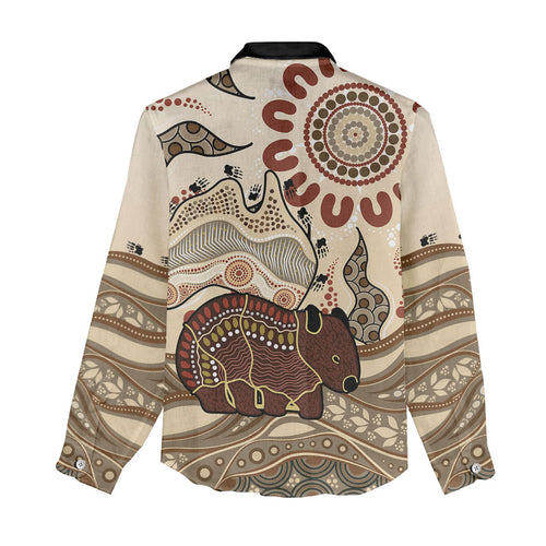 Australia Wombat Women Casual Shirt Aussie Map Aboriginal Pattern
