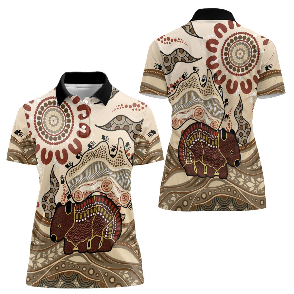 Australia Wombat Women Polo Shirt Aussie Map Aboriginal Pattern
