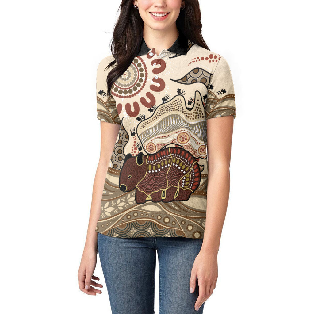 Australia Wombat Women Polo Shirt Aussie Map Aboriginal Pattern