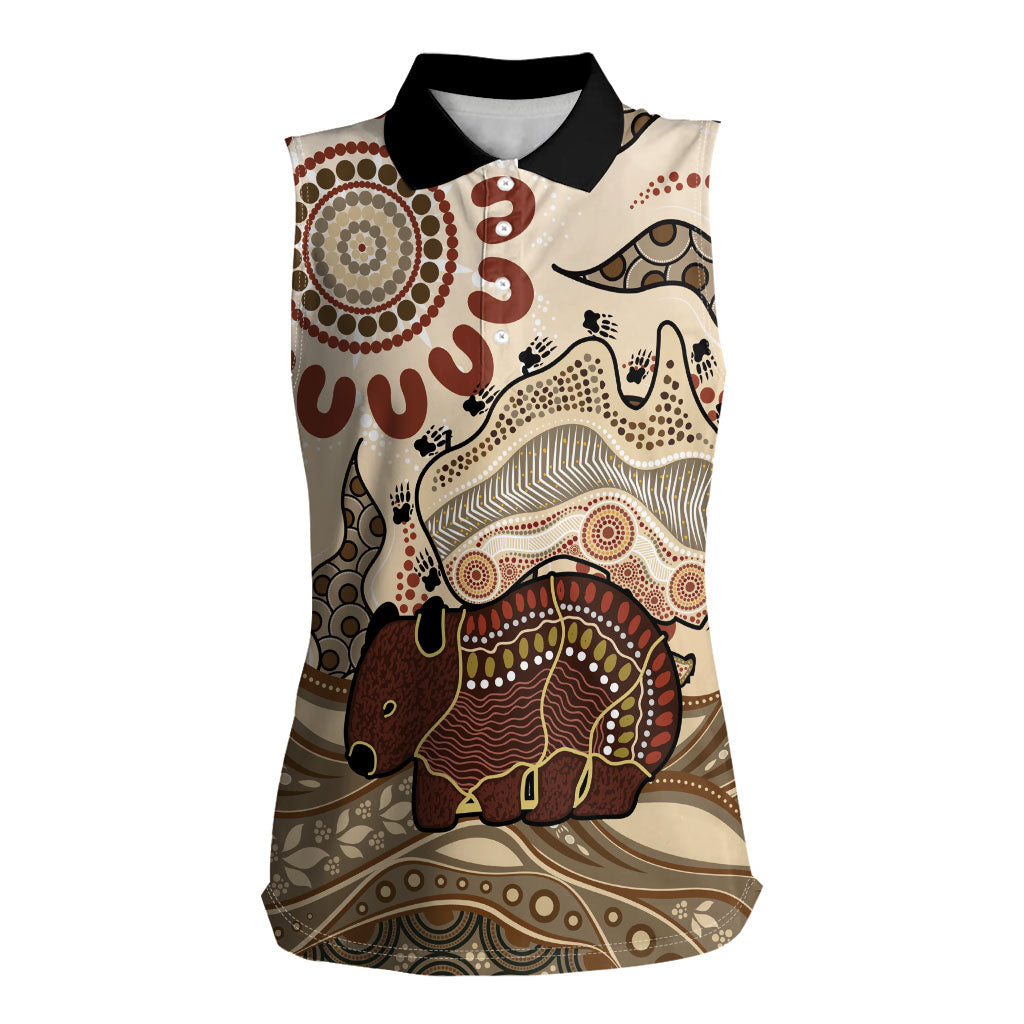 Australia Wombat Women Sleeveless Polo Shirt Aussie Map Aboriginal Pattern