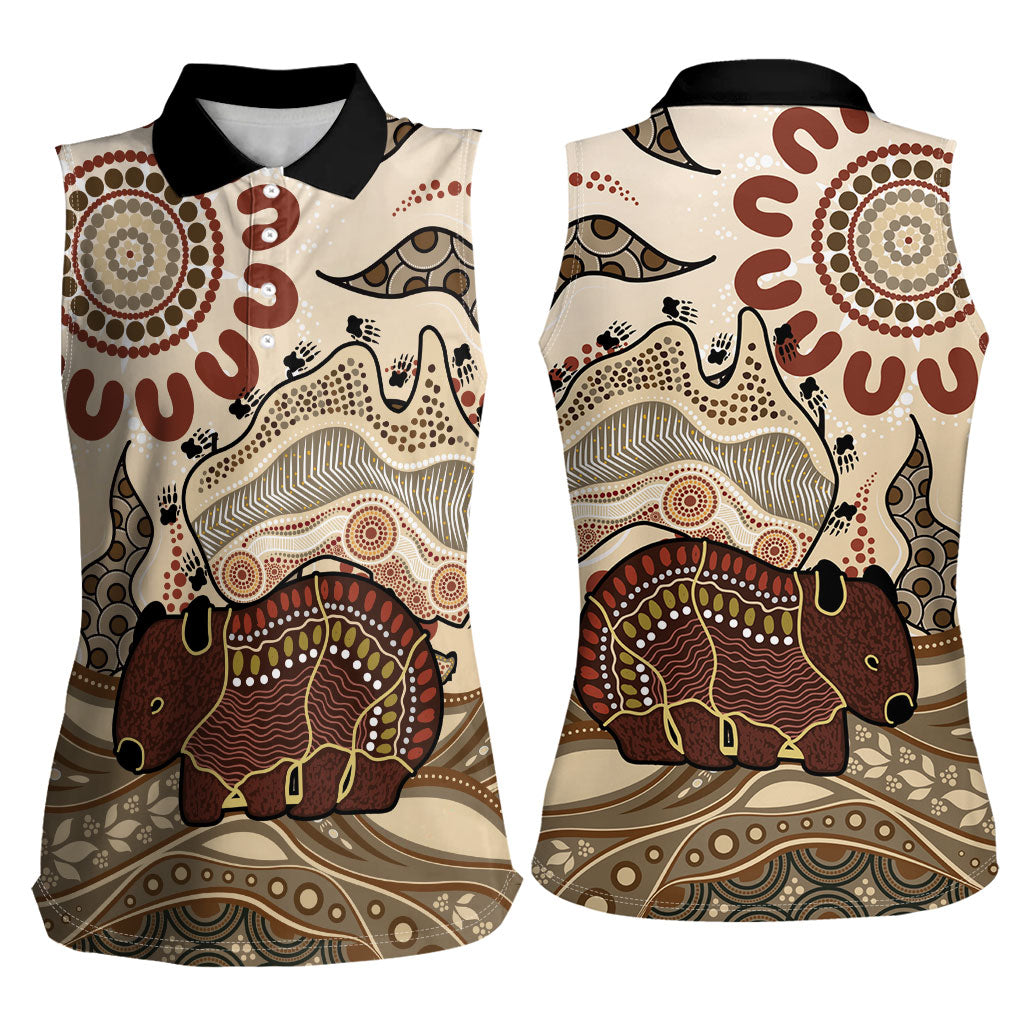 Australia Wombat Women Sleeveless Polo Shirt Aussie Map Aboriginal Pattern