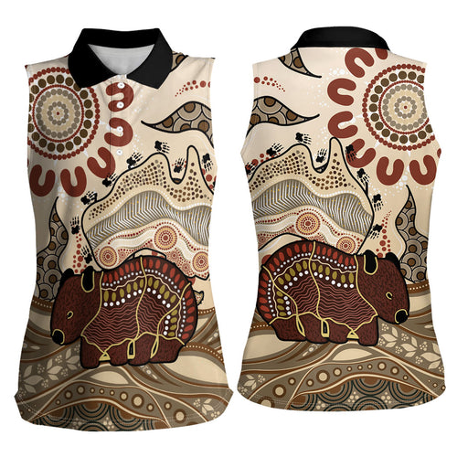 Australia Wombat Women Sleeveless Polo Shirt Aussie Map Aboriginal Pattern