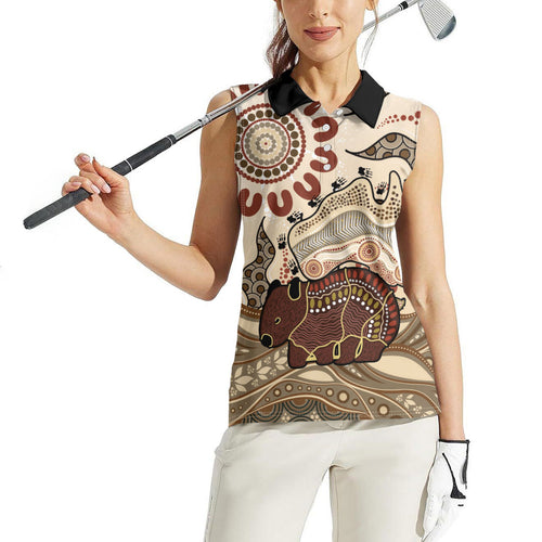 Australia Wombat Women Sleeveless Polo Shirt Aussie Map Aboriginal Pattern