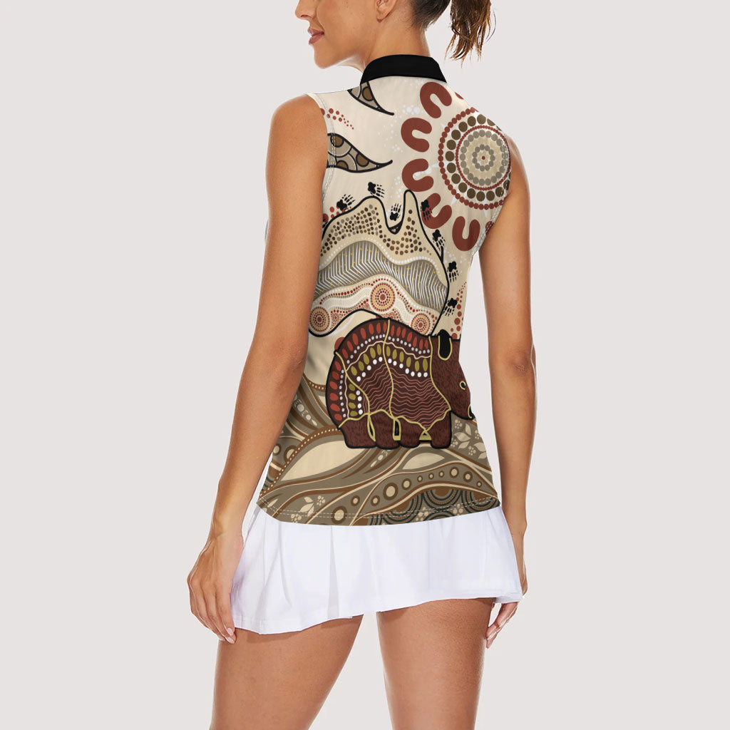 Australia Wombat Women Sleeveless Polo Shirt Aussie Map Aboriginal Pattern