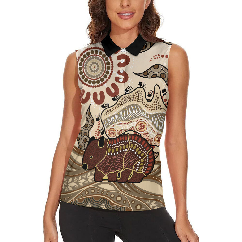 Australia Wombat Women Sleeveless Polo Shirt Aussie Map Aboriginal Pattern