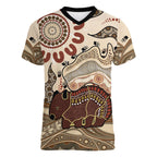 Australia Wombat Women V-Neck T-Shirt Aussie Map Aboriginal Pattern