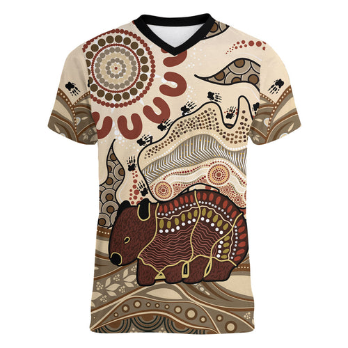 Australia Wombat Women V-Neck T-Shirt Aussie Map Aboriginal Pattern