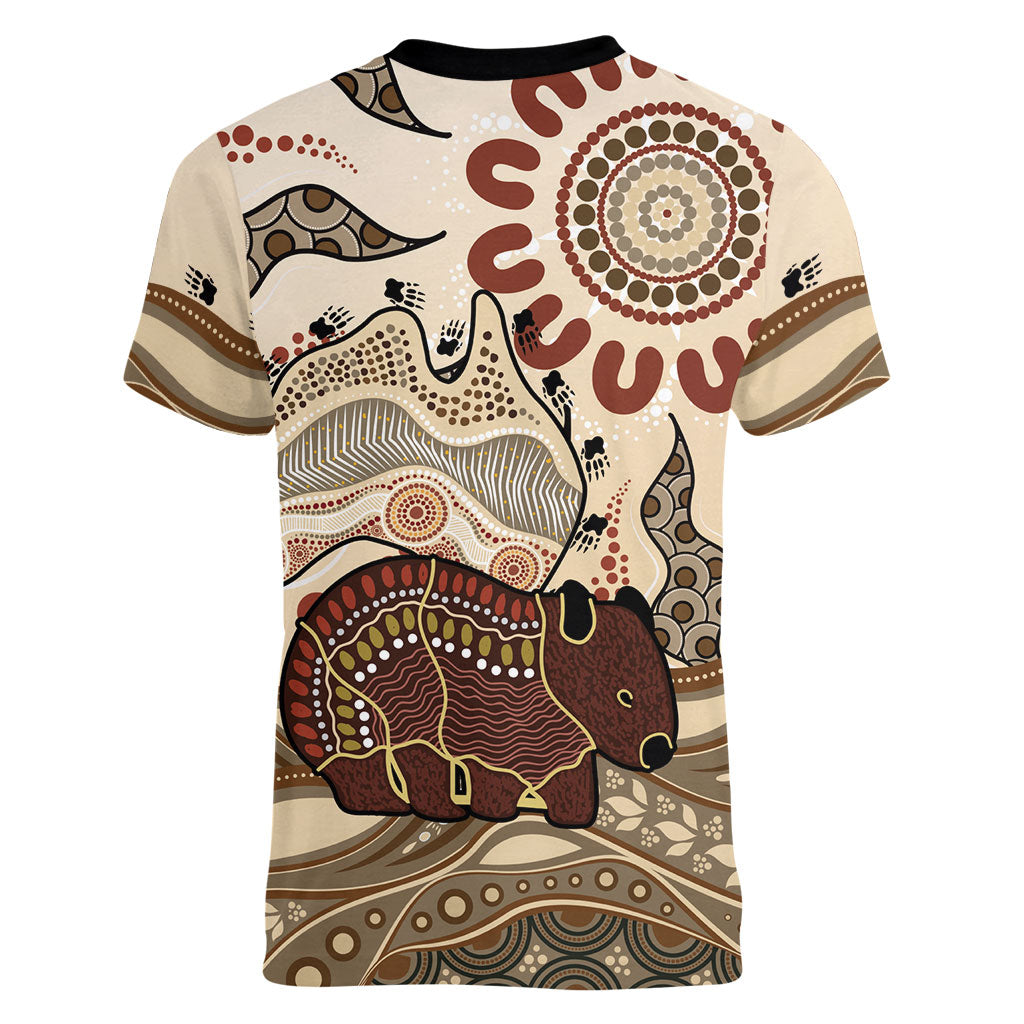 Australia Wombat Women V-Neck T-Shirt Aussie Map Aboriginal Pattern
