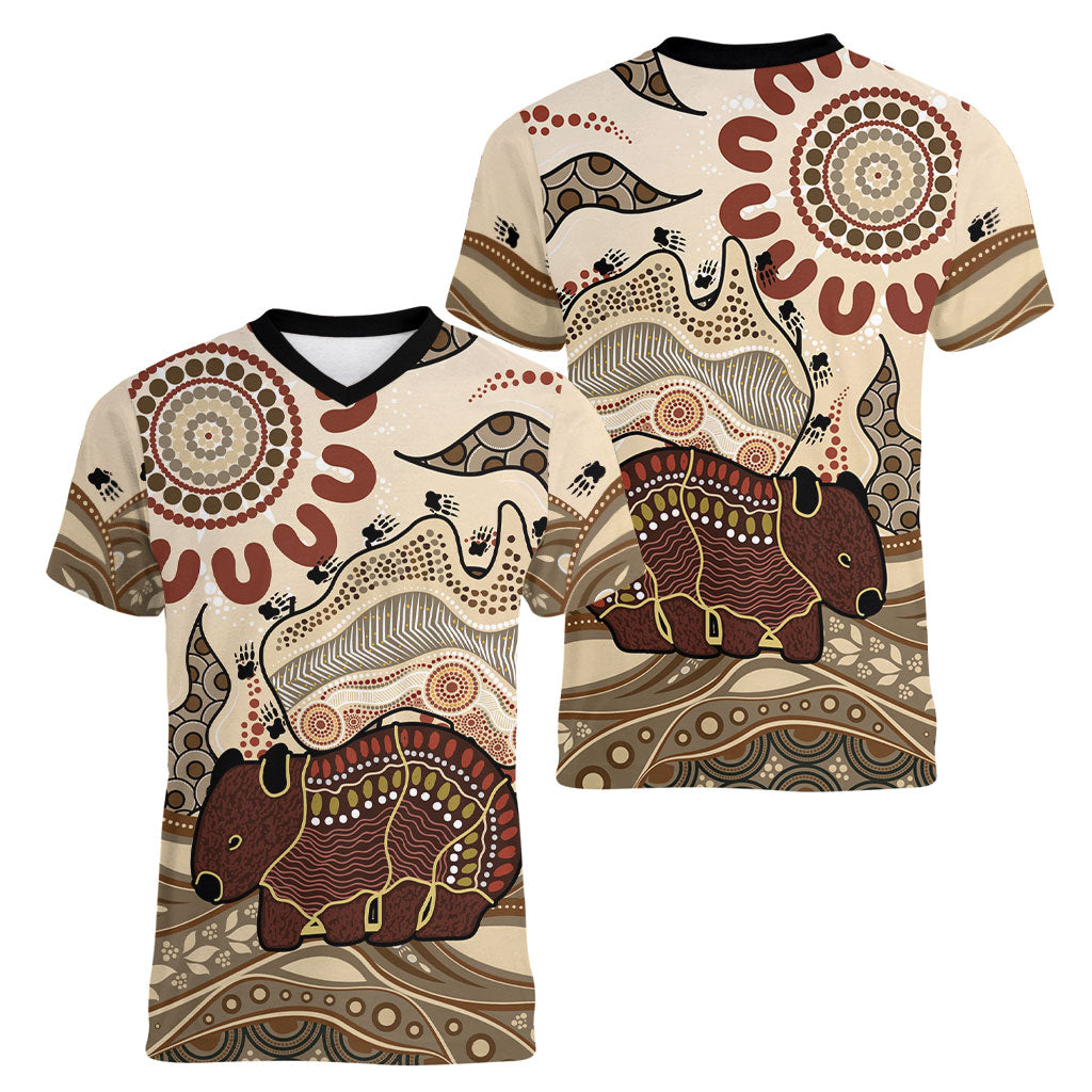 Australia Wombat Women V-Neck T-Shirt Aussie Map Aboriginal Pattern