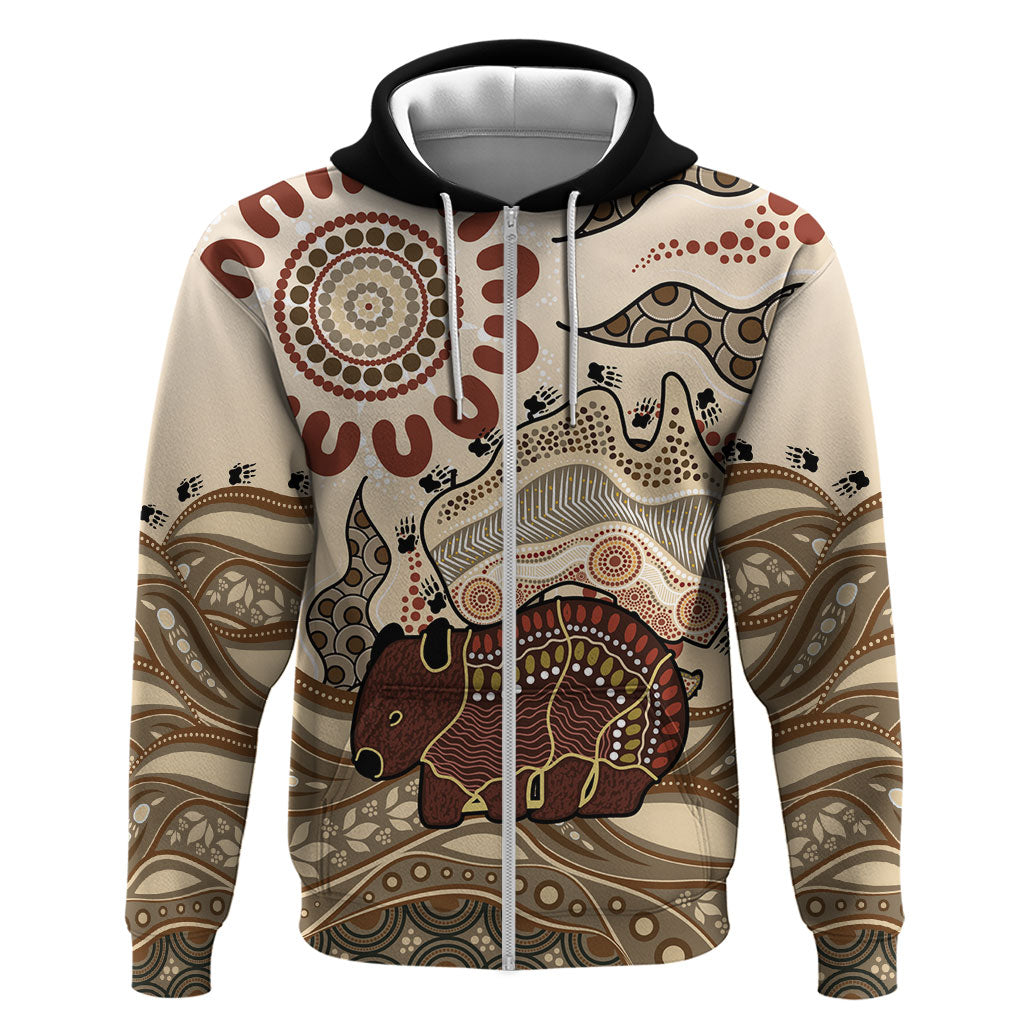 Australia Wombat Zip Hoodie Aussie Map Aboriginal Pattern