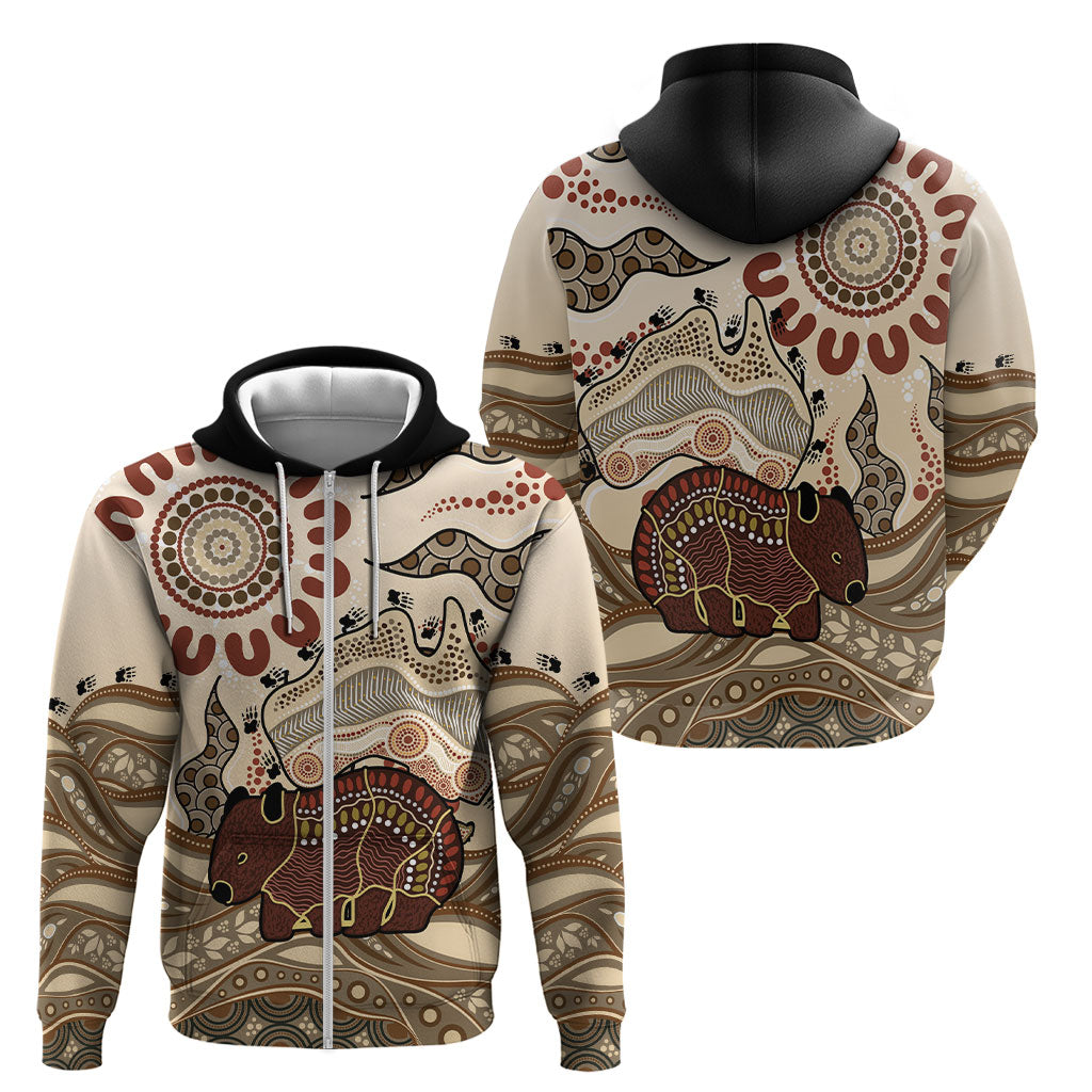 Australia Wombat Zip Hoodie Aussie Map Aboriginal Pattern