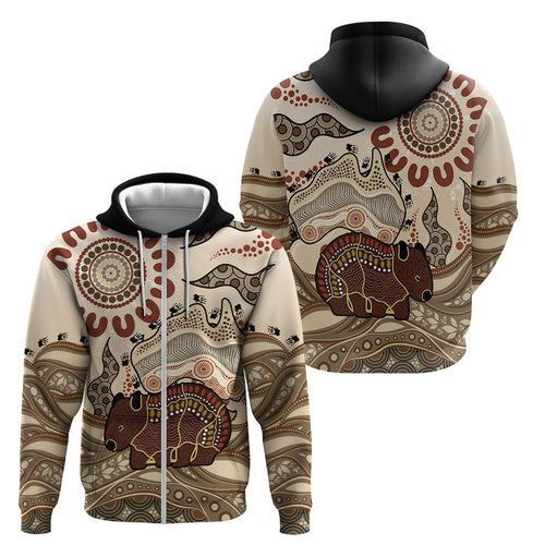 Australia Wombat Zip Hoodie Aussie Map Aboriginal Pattern