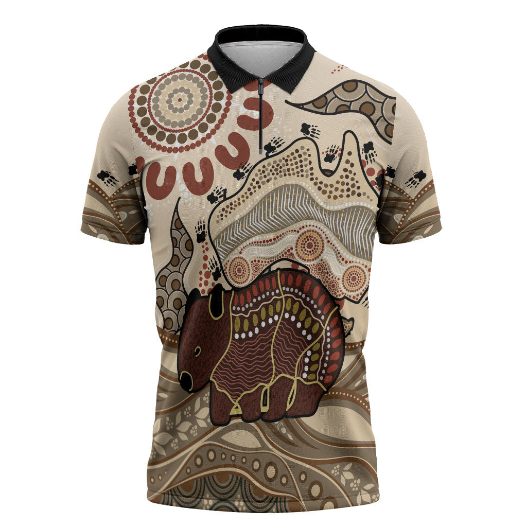 Australia Wombat Zipper Polo Shirt Aussie Map Aboriginal Pattern