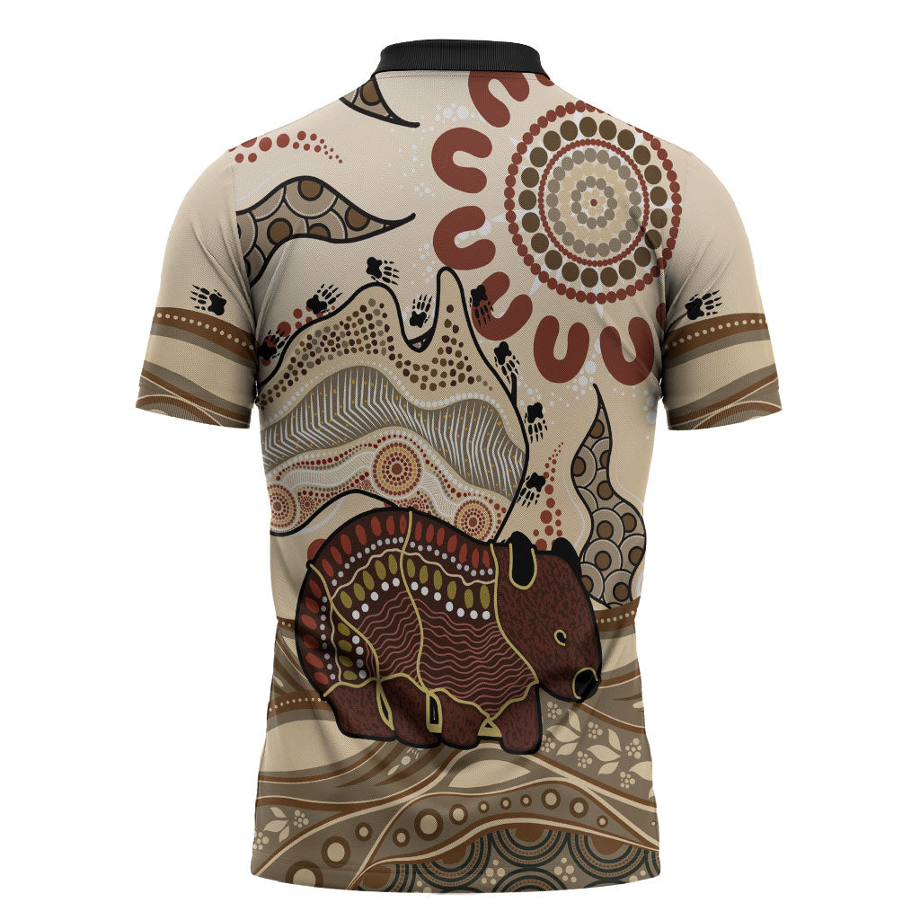 Australia Wombat Zipper Polo Shirt Aussie Map Aboriginal Pattern