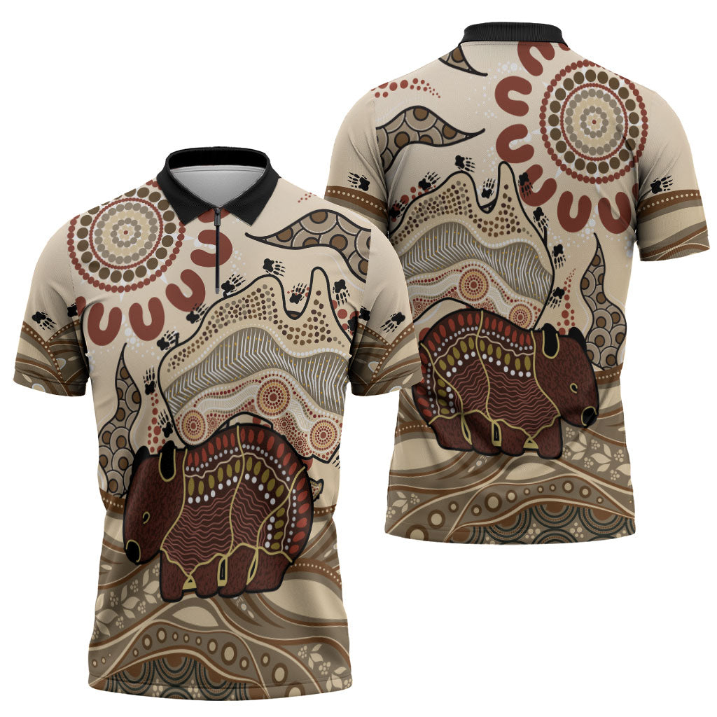Australia Wombat Zipper Polo Shirt Aussie Map Aboriginal Pattern