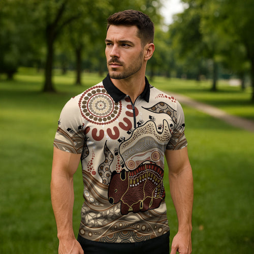 Australia Wombat Zipper Polo Shirt Aussie Map Aboriginal Pattern