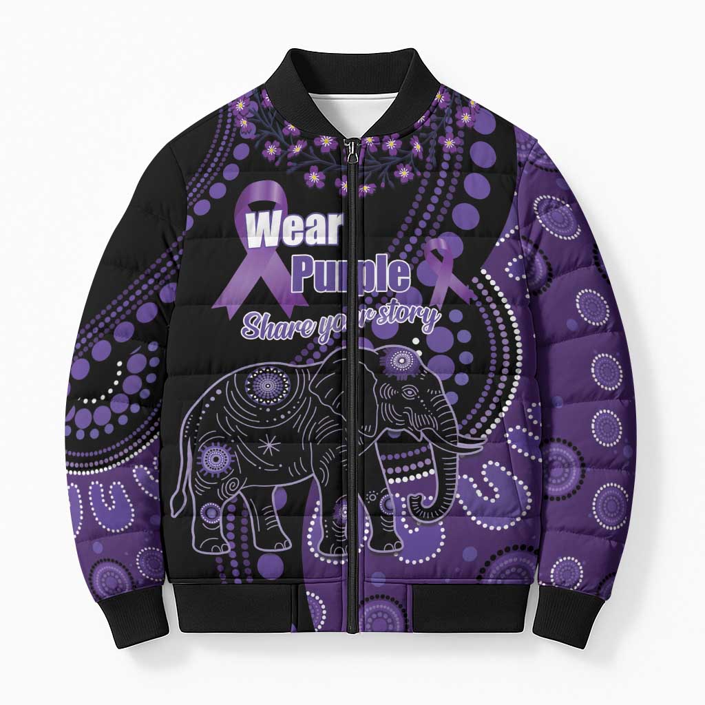 Australia Alzheimer's and Brain Awareness Personalised Bomber Puffer Jacket Elephant Forget-Me-Not Aboriginal Art