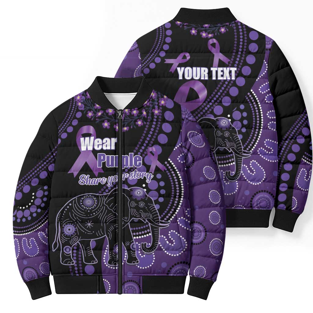Australia Alzheimer's and Brain Awareness Personalised Bomber Puffer Jacket Elephant Forget-Me-Not Aboriginal Art