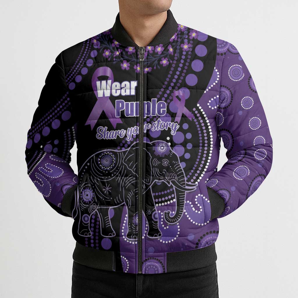Australia Alzheimer's and Brain Awareness Personalised Bomber Puffer Jacket Elephant Forget-Me-Not Aboriginal Art