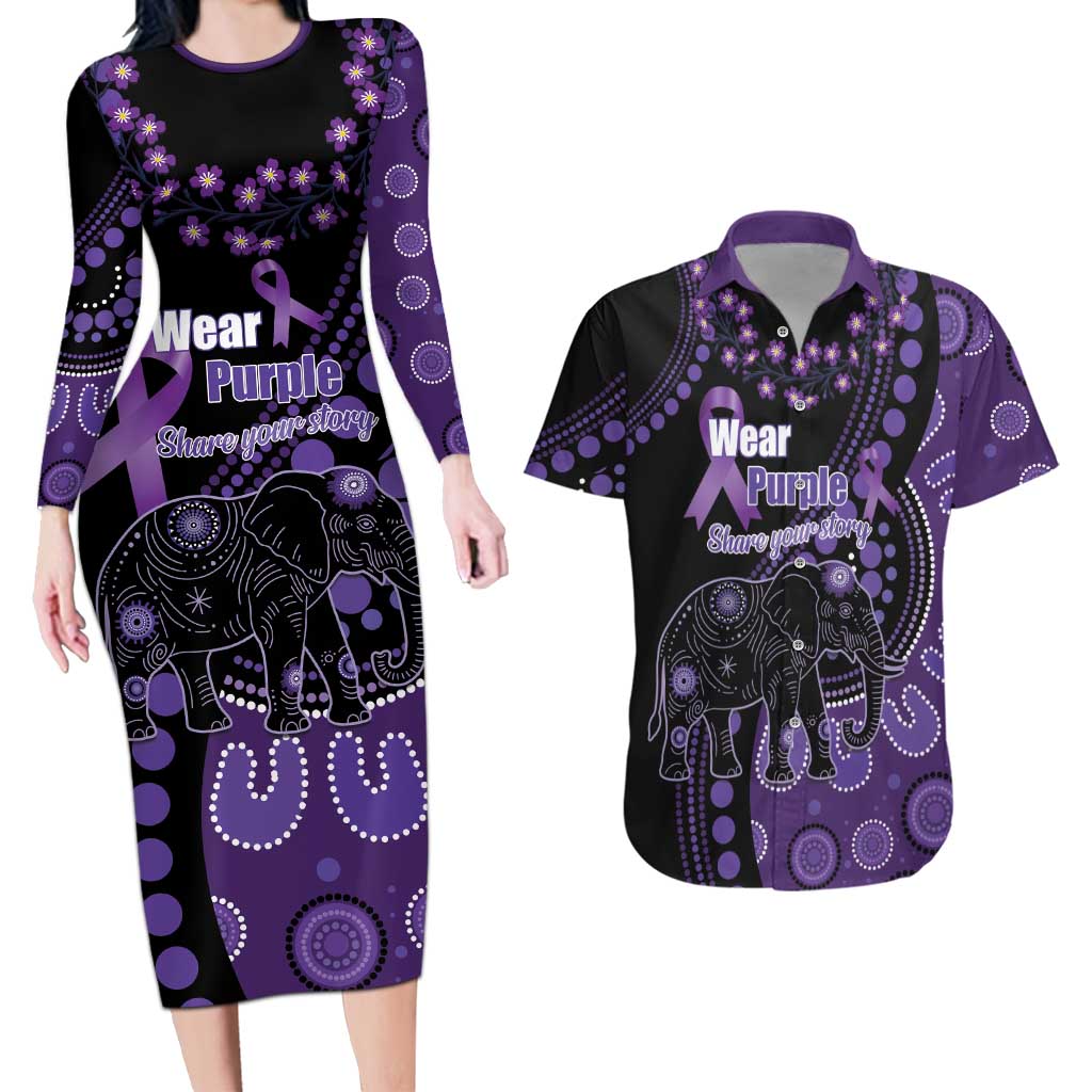 Australia Alzheimer's and Brain Awareness Personalised Couples Matching Long Sleeve Bodycon Dress and Hawaiian Shirt Elephant Forget-Me-Not Aboriginal Art