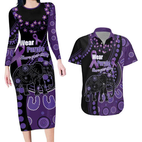 Australia Alzheimer's and Brain Awareness Personalised Couples Matching Long Sleeve Bodycon Dress and Hawaiian Shirt Elephant Forget-Me-Not Aboriginal Art