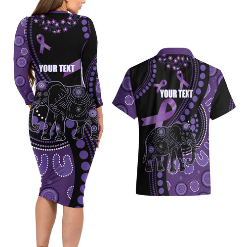 Australia Alzheimer's and Brain Awareness Personalised Couples Matching Long Sleeve Bodycon Dress and Hawaiian Shirt Elephant Forget-Me-Not Aboriginal Art