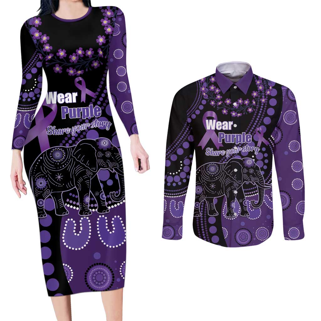 Australia Alzheimer's and Brain Awareness Personalised Couples Matching Long Sleeve Bodycon Dress and Long Sleeve Button Shirt Elephant Forget-Me-Not Aboriginal Art