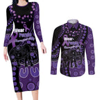 Australia Alzheimer's and Brain Awareness Personalised Couples Matching Long Sleeve Bodycon Dress and Long Sleeve Button Shirt Elephant Forget-Me-Not Aboriginal Art