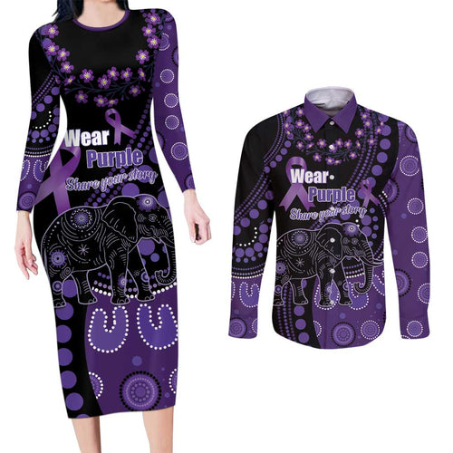 Australia Alzheimer's and Brain Awareness Personalised Couples Matching Long Sleeve Bodycon Dress and Long Sleeve Button Shirt Elephant Forget-Me-Not Aboriginal Art