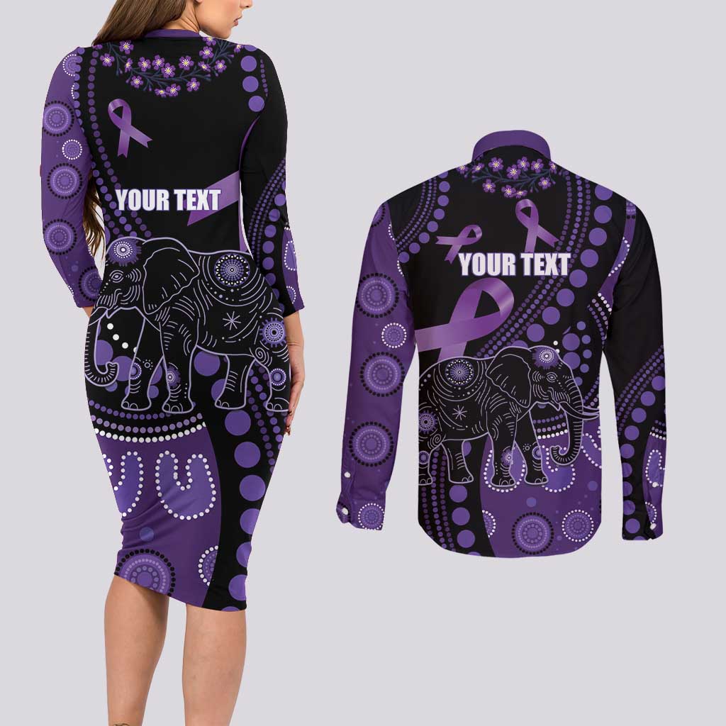 Australia Alzheimer's and Brain Awareness Personalised Couples Matching Long Sleeve Bodycon Dress and Long Sleeve Button Shirt Elephant Forget-Me-Not Aboriginal Art