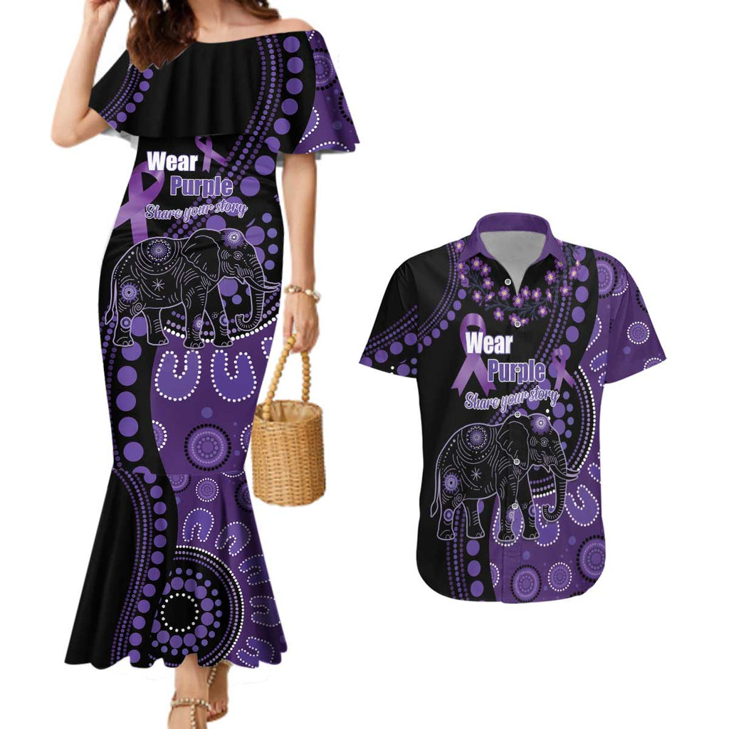 Australia Alzheimer's and Brain Awareness Personalised Couples Matching Mermaid Dress and Hawaiian Shirt Elephant Forget-Me-Not Aboriginal Art
