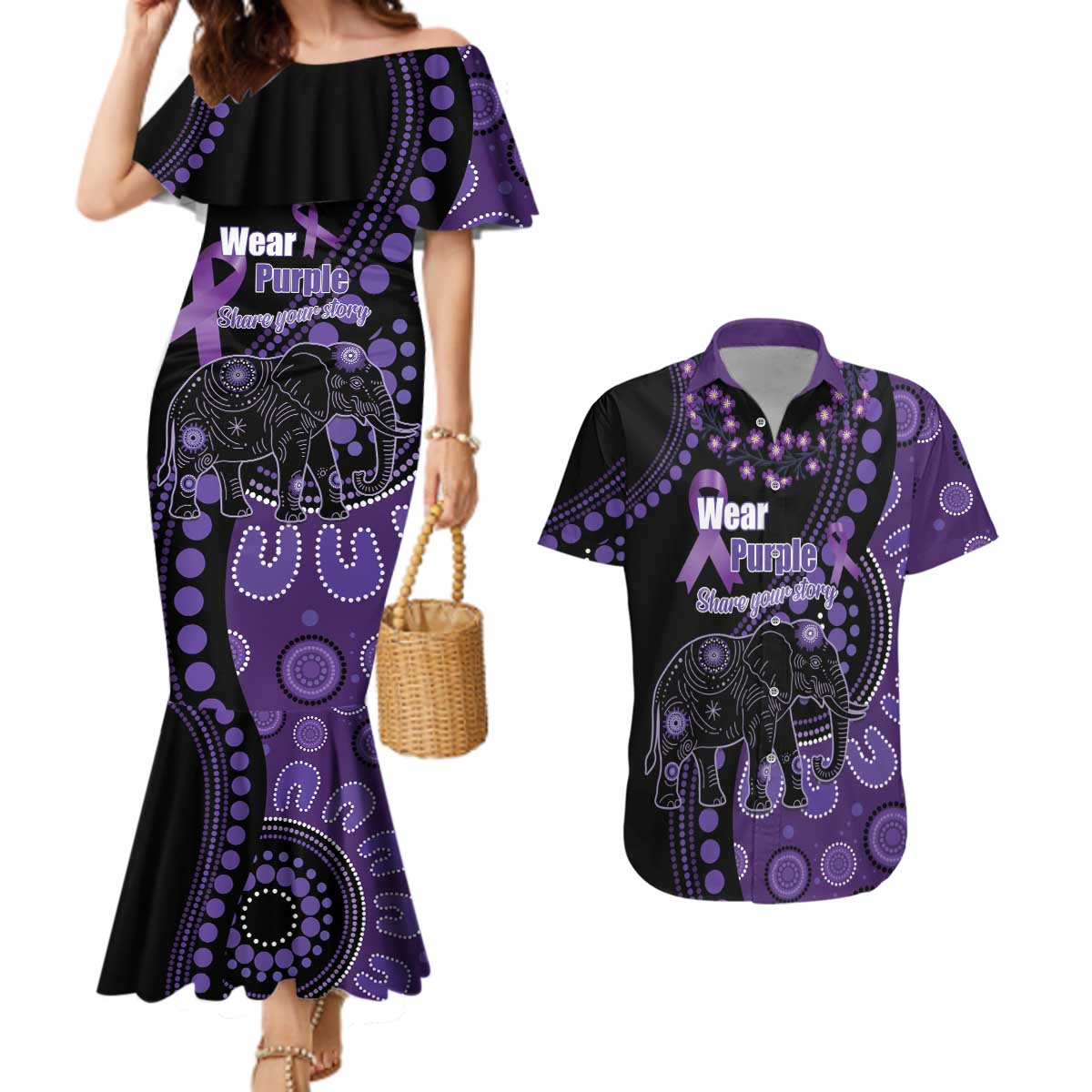 Australia Alzheimer's and Brain Awareness Personalised Couples Matching Mermaid Dress and Hawaiian Shirt Elephant Forget-Me-Not Aboriginal Art