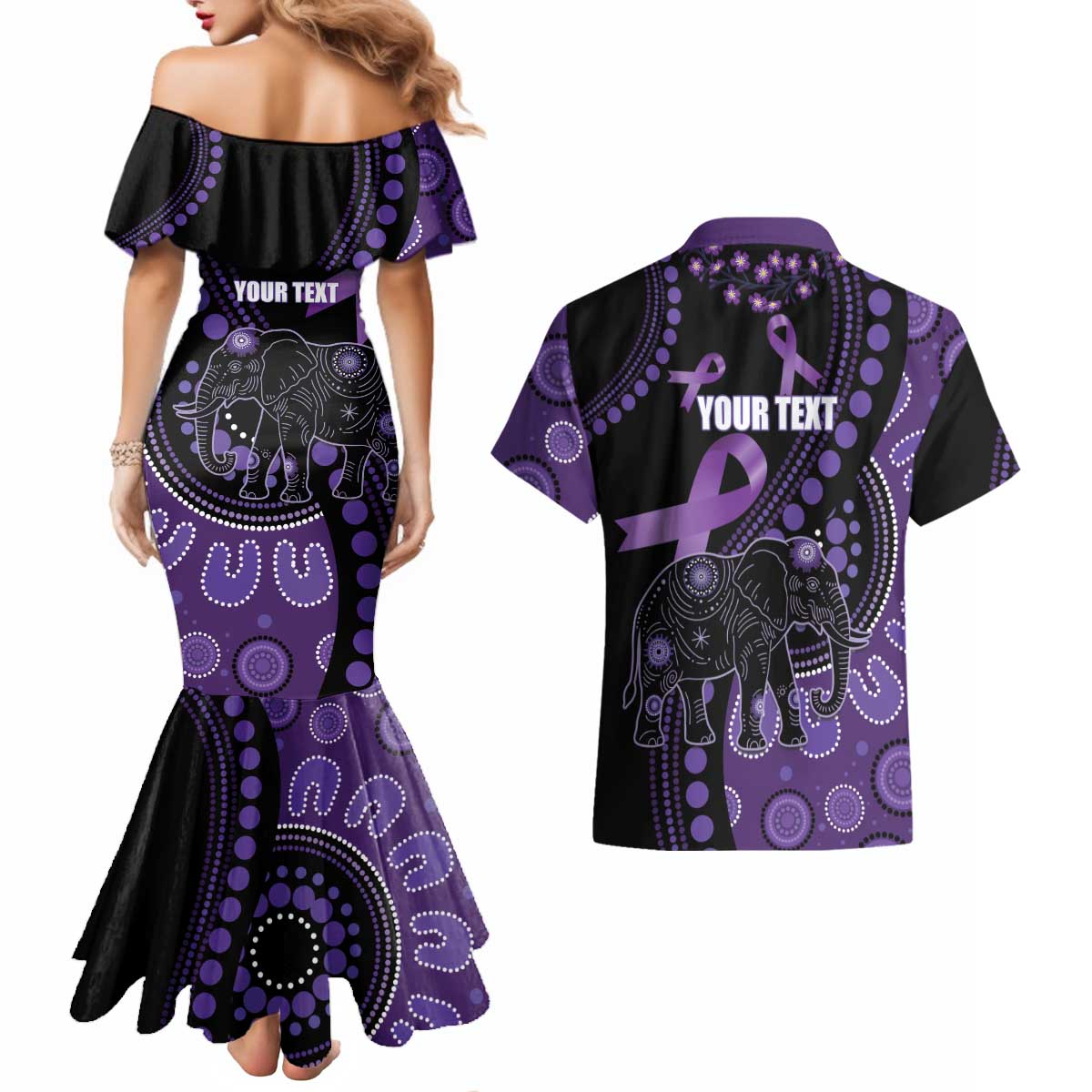 Australia Alzheimer's and Brain Awareness Personalised Couples Matching Mermaid Dress and Hawaiian Shirt Elephant Forget-Me-Not Aboriginal Art